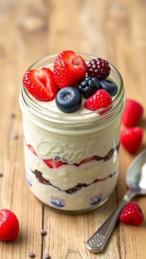 A jar of overnight oats with berries and chia seeds on a wooden table.